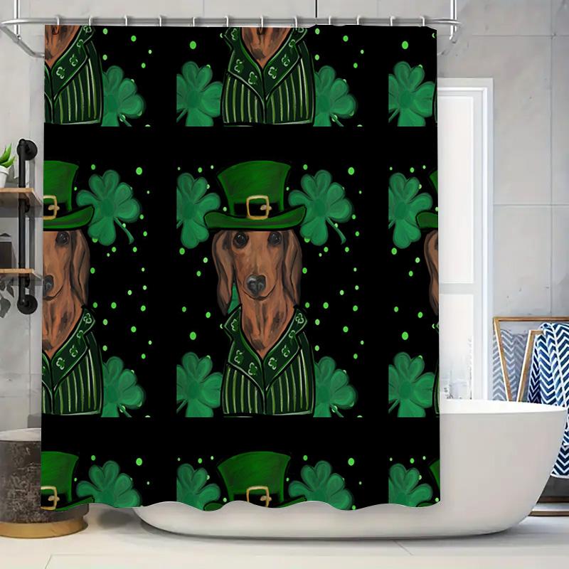 

St. Patrick s Day Shower Curtain Green Irish Floral Pattern with Dog Design for Bathroom Decor Water Repellent Fabric Custom Siz 90x180cm
