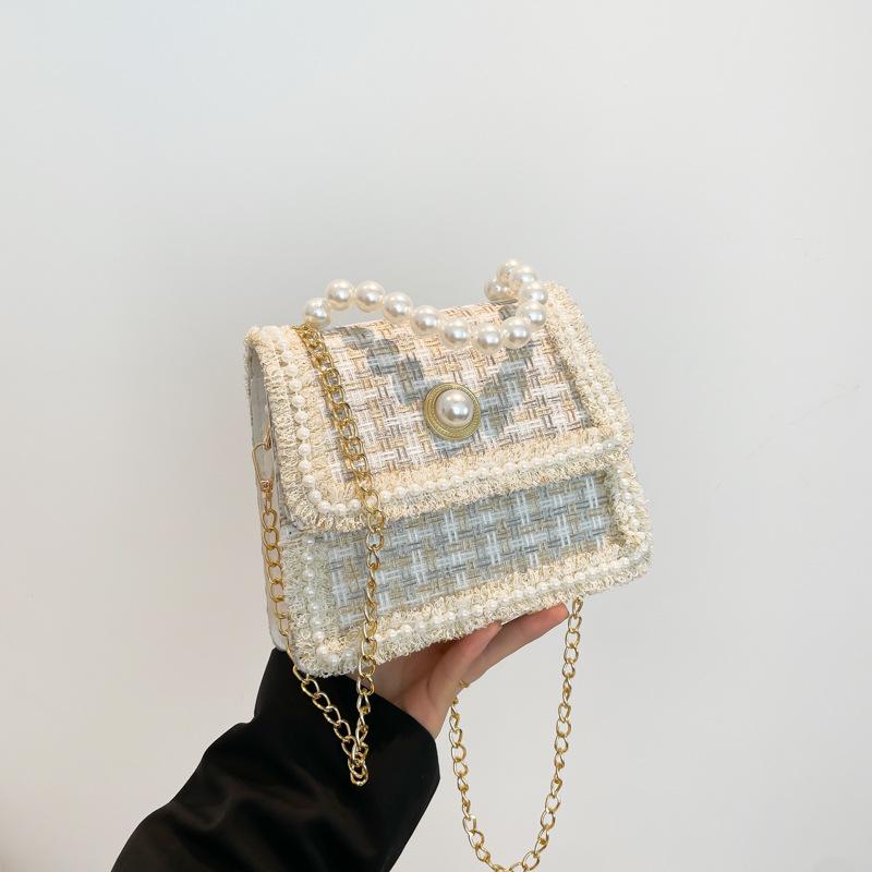 Women's Autumn & Winter Mori-Style Knitted Wool Bag with Pearl Lace and Chain