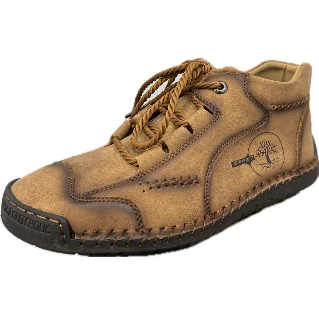 Men's Shoes Short Boots Autumn Sewn Leather Boots High Top Leather Flat-soled Outdoor Workwear and Casual Shoes Large-size Board Shoes