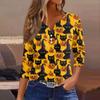 Lady's fashionable casual V-neck buttoned Halloween print three-quarter sleeve