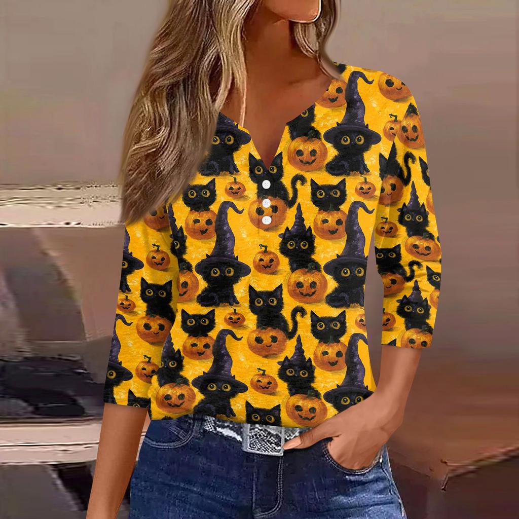 Lady's fashionable casual V-neck buttoned Halloween print three-quarter sleeve