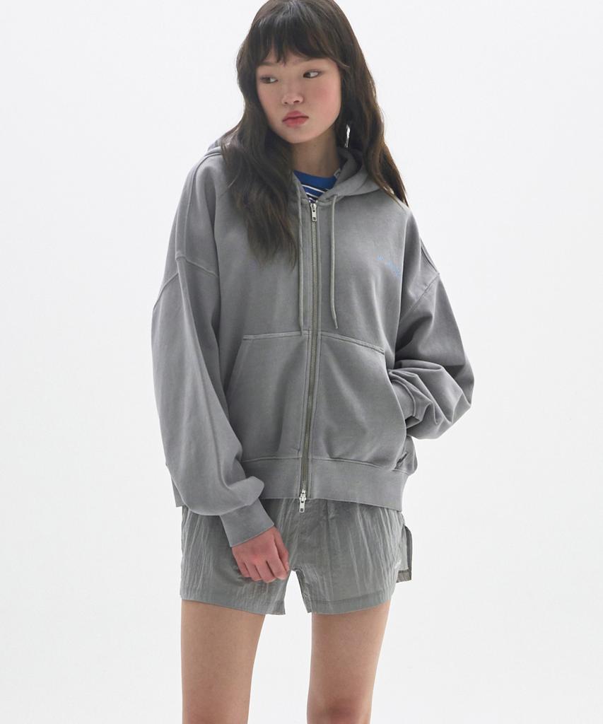 M.C Unisex, Logo Pigment-Dyed Hood Zip-Up / Gray