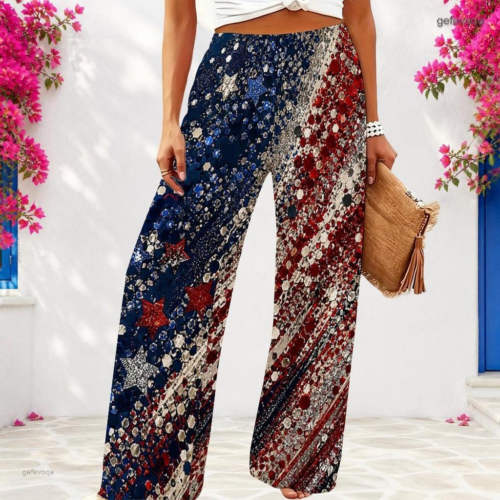 Women Plus Size Tropical Leaf Printed Loose Full Length Wide Leg Pants