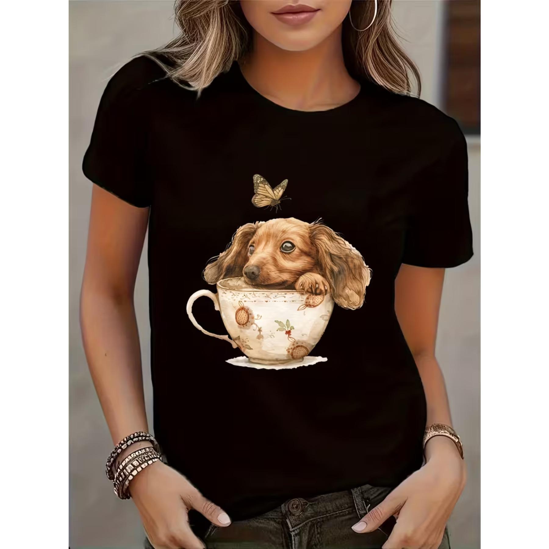 

Women s Casual Short Sleeve T-Shirt - Easter Dachshund in Teacup & Butterfly Graphic XXL чорний