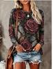 Women Long Sleeve T‑Shirt Vintage Paisley Plaid Boho Ethnic Print Crew Neck Casual Fall Tops