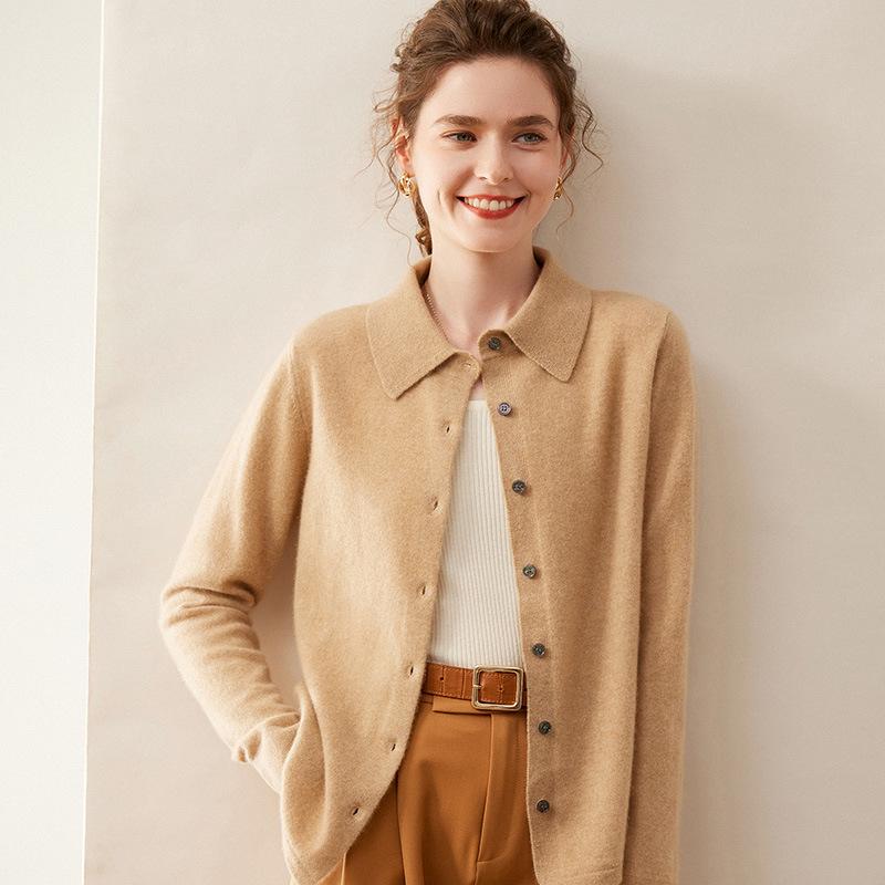 Women's Cashmere Polo Collar Knit Cardigan Sweater - Long Sleeve Lapel Knit Top