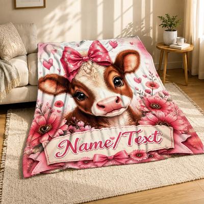 Personalized Floral Baby Cow Coral Fleece Blanket
