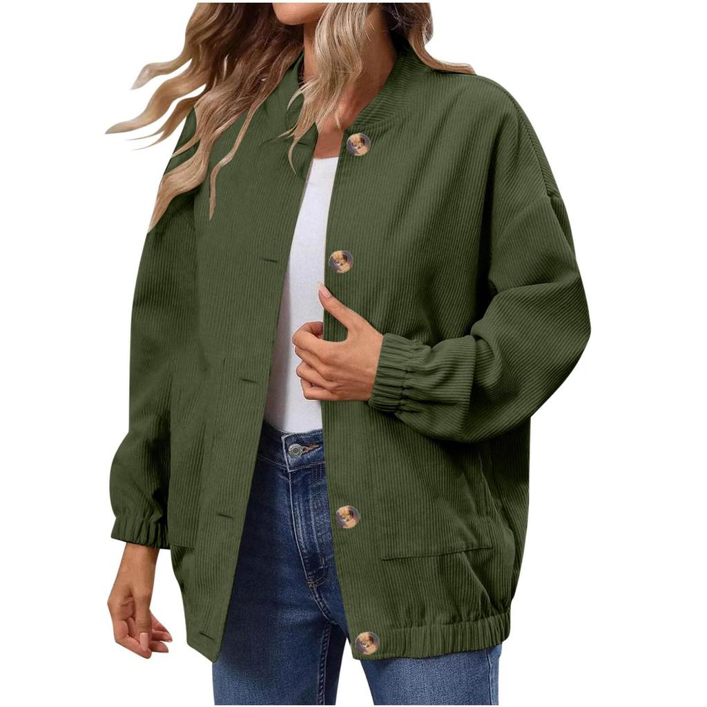Women's Fashionable Solid Color Long Sleeved Button Jacket With Baseball Stand Up Collar Pocket Casual Jacket
