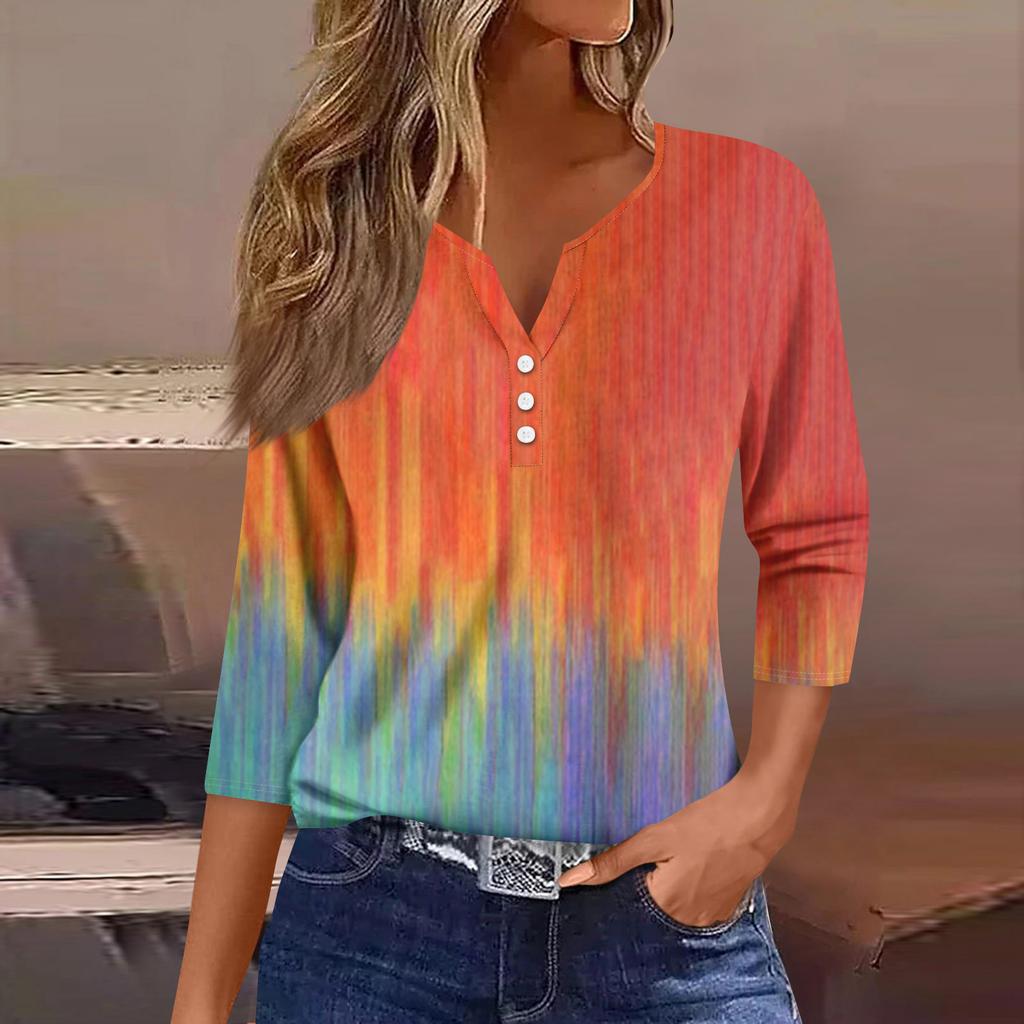 Lässiges Damen-Oberteil mit Dreiviertelärmeln und V-Ausschnitt und Blumendruck