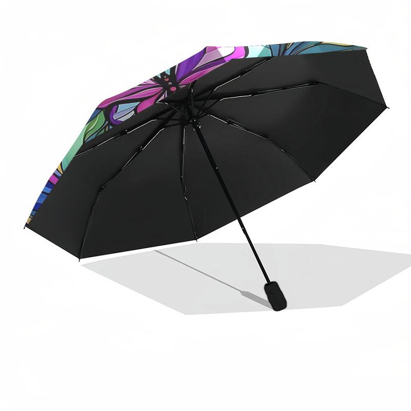 1pc Colorful Butterfly Stained Glass Auto-Folding Umbrella with 3-Fold Design, 8-Bone Iron Frame - Perfect for Outdoor Use, Festive Gifts, Travel, Dai