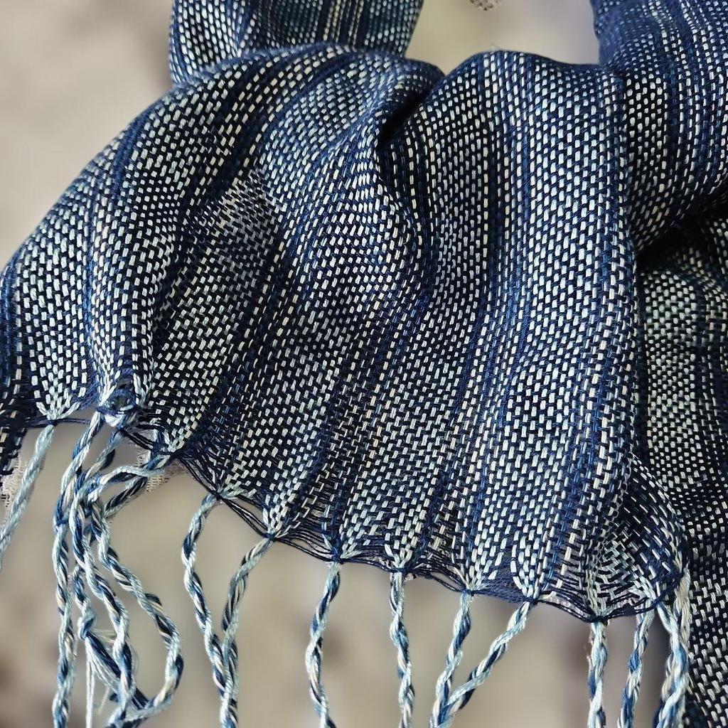 Used New, Indigo-dyed and light blue silk stole, approx. 28cm x 120cm