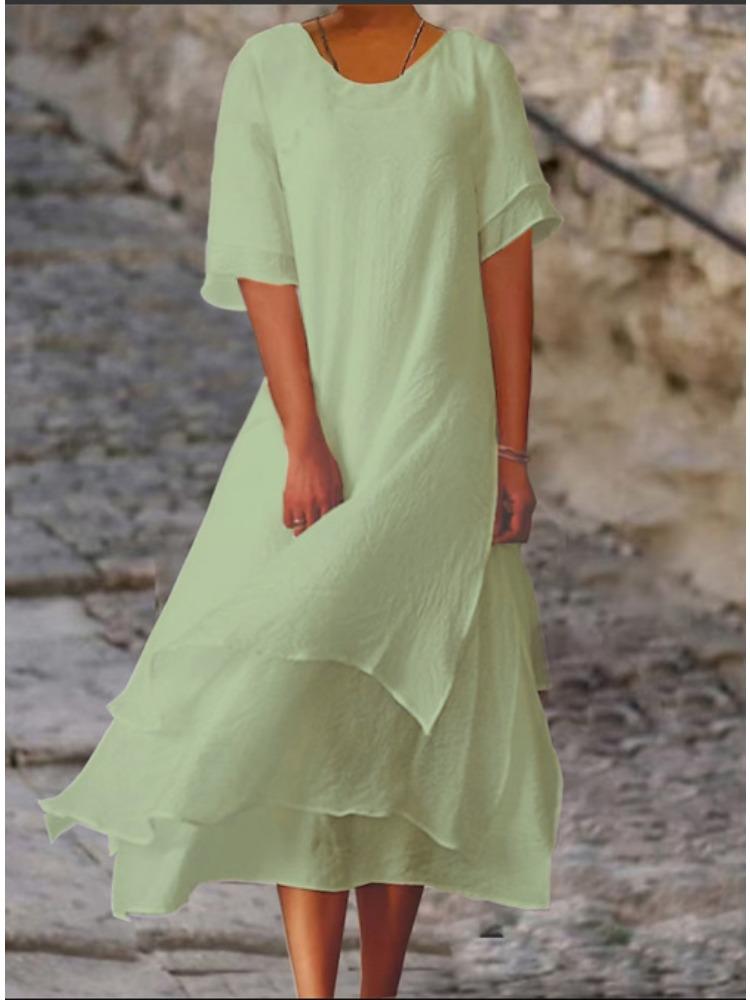 

White O-neck Short Sleeve Dress with Irregular Hem and Layered Design 5xl зелений