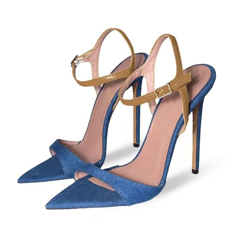 

Модная Liyke Большой размер 44 45 46 Желтые джинсовые сандалии на каблуке-гладиаторе с ремешком на щиколотке с пряжкой для женщин Модная обувь для вечеринок с острым носком 35 хаки