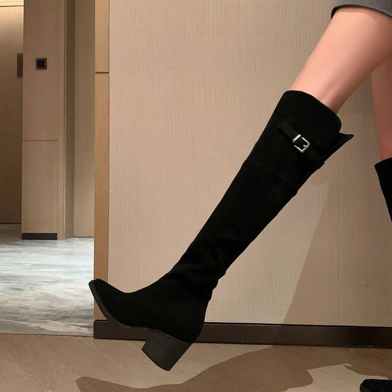 Autumn and winter women's leather boots solid color leather large size women's boots middle heel square heel new rubber soft-soled cowhide knee boots