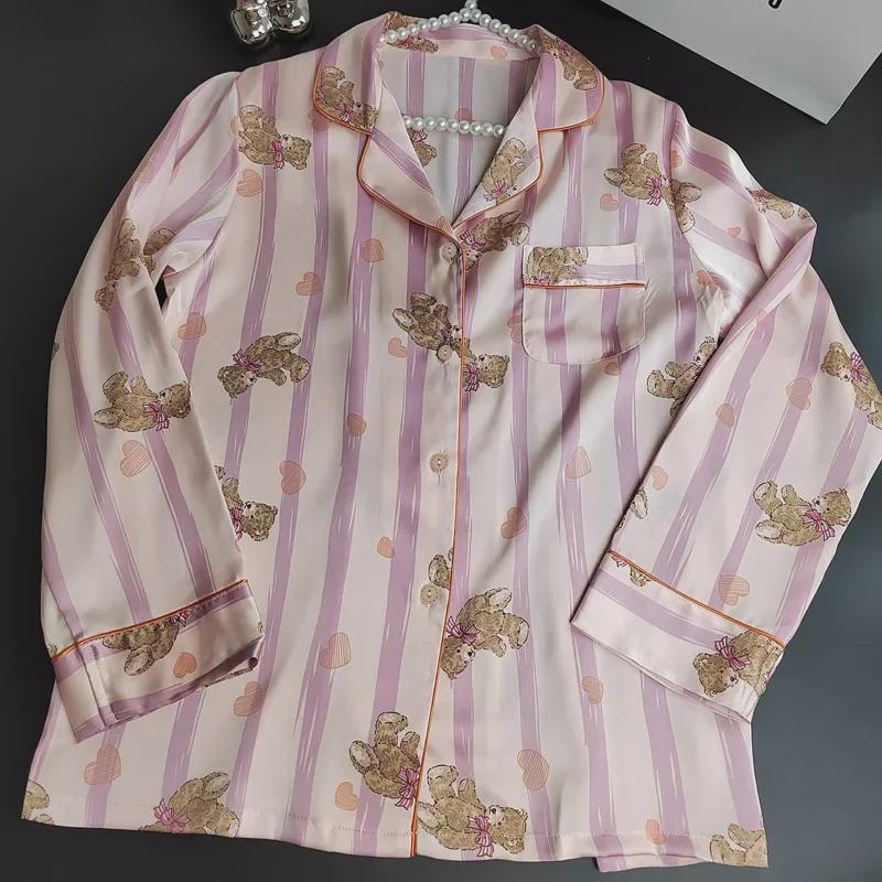 Spring Pink Striped Bear Pajama Set - Japanese Style Cartoon Homewear