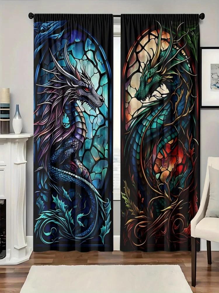 Set Of 2 Vivid Dragon Printed Curtains Polyester Drape Halloween Home Decor Curtain Light Blocking With Rod Pocket