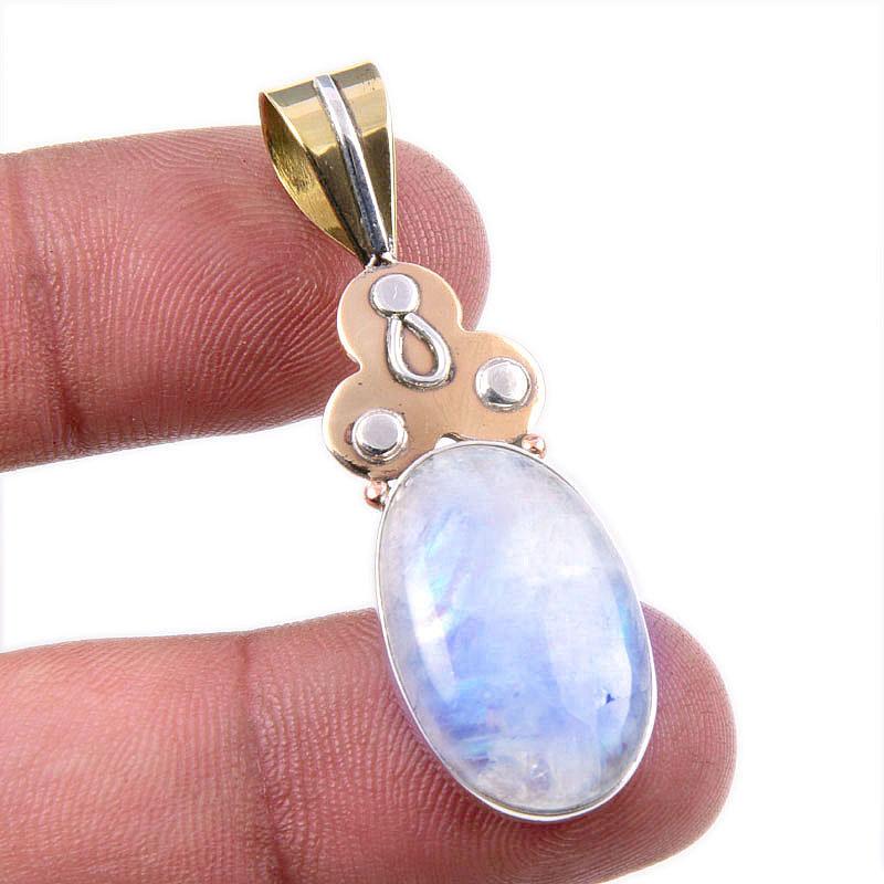 

Natural Rainbow Moonstone Gemstone 925 Solid Silver Two Tone Pendant 1.75 e5n35