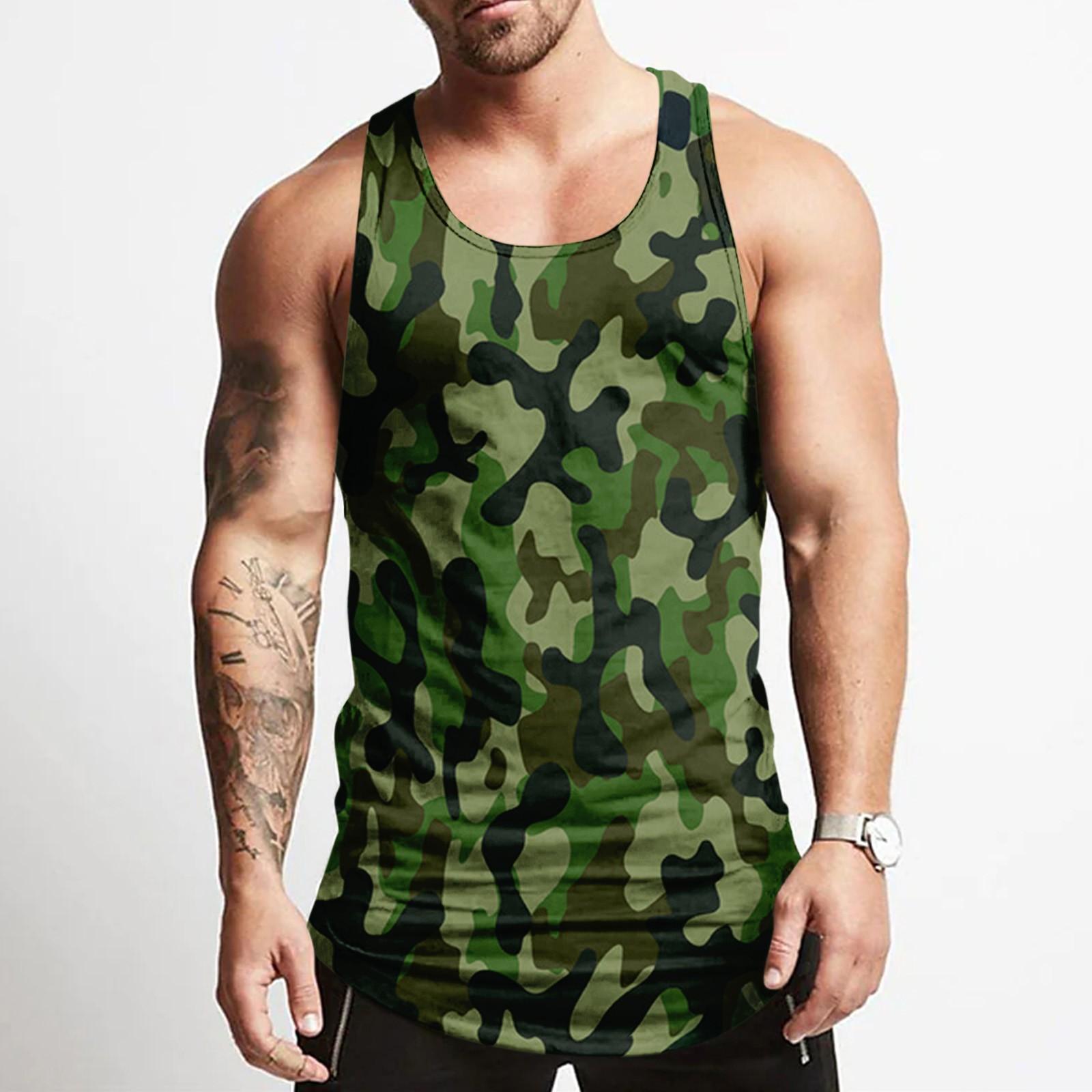 Men s Camouflage Print Tank Top Summer Sleeveless Casual Muscle Fit Athletic Shirt for Outdoor Gym Workout Training XXXL зелёный