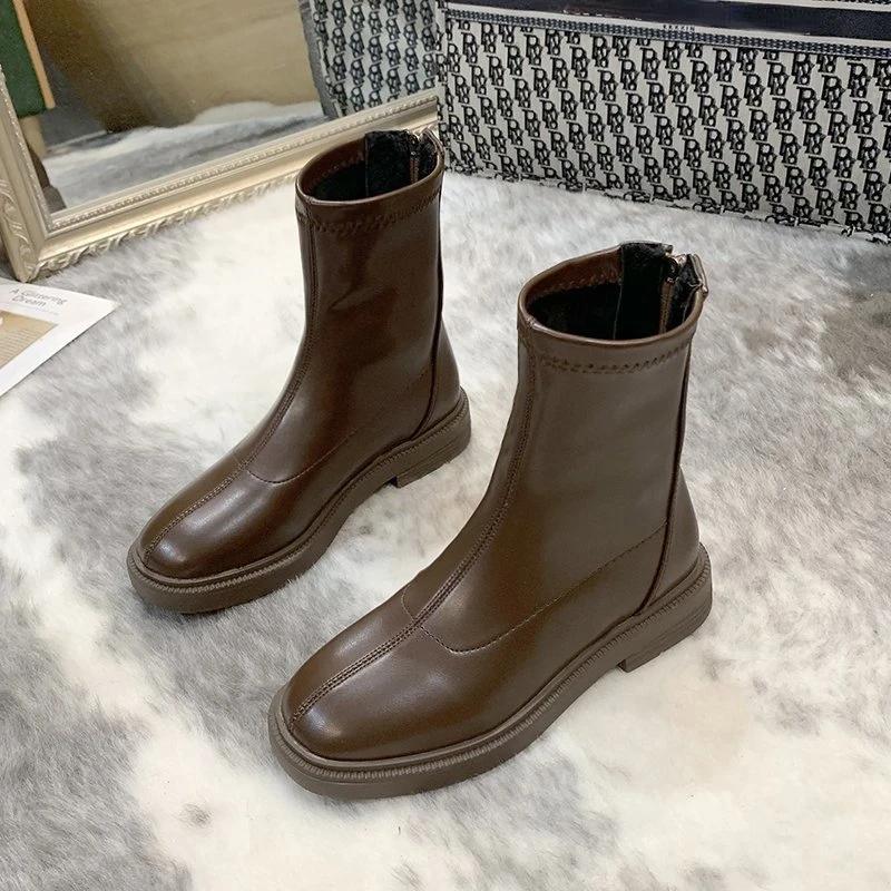 Modne botki Chelsea damskie jesienno-zimowe modne PU skóra polar ciepłe krótkie buty damskie buty eleganckie designerskie botki