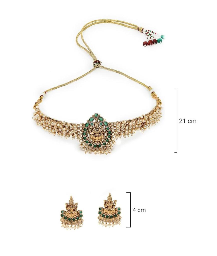 Sparkling Indian Temple Gold Plated Green Beads Choker Necklace Set With Studs Earring | Jewellery Set For Women