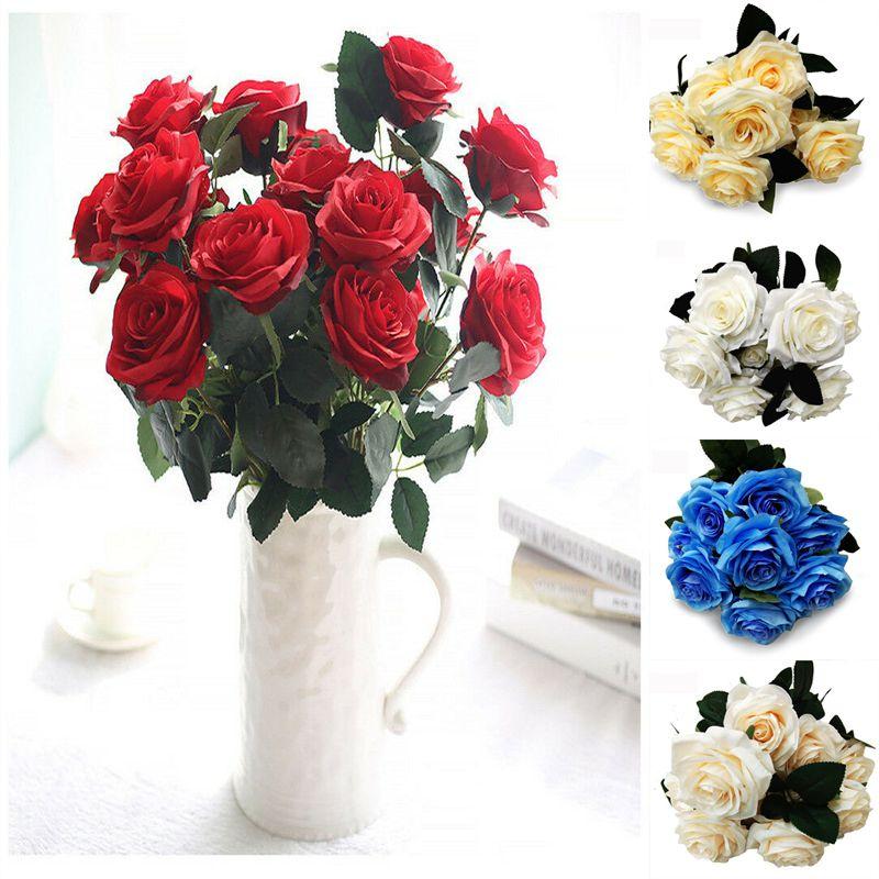 Elegant 10 Heads Silk Rose Artificial Flowers Bouquet For Wedding And Home Decor