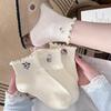 Milk White Ruffled Mid-Calf Socks with Embroidered Cartoon Animals - Trendy Japanese Style for Students