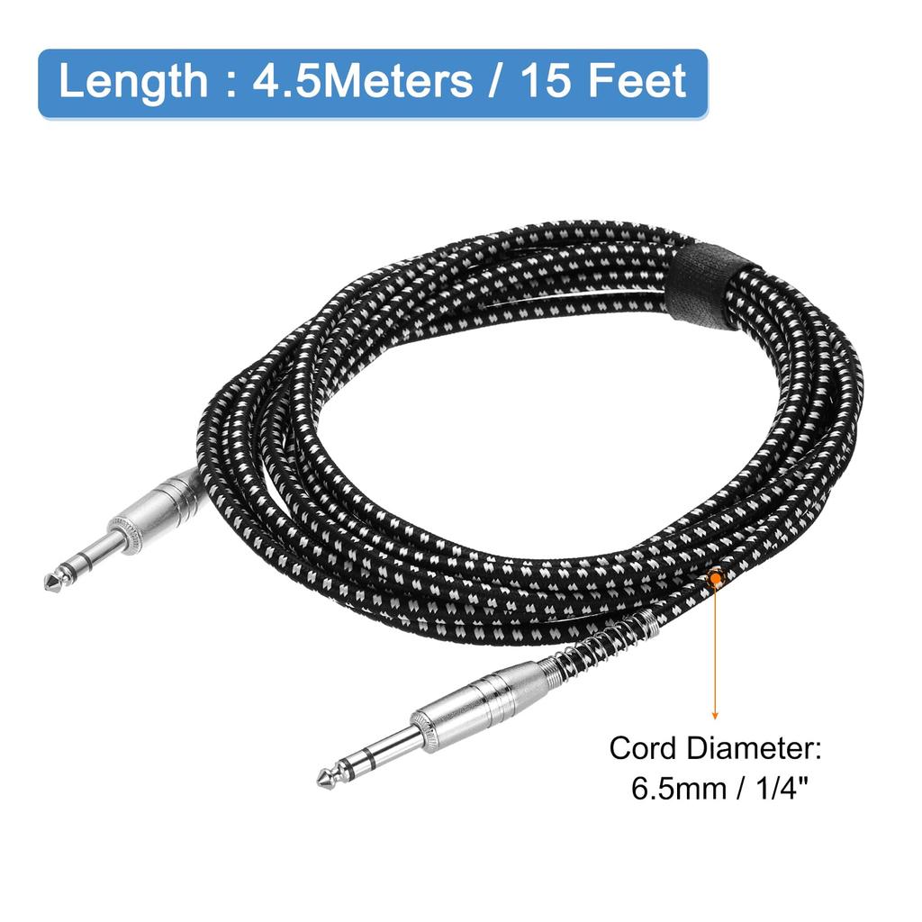 uxcell Guitar Instrument Cable, 15ft 14" to 14" Straight Electric Guitar Jack Cable Wire for Guitar and Bass, Black and White