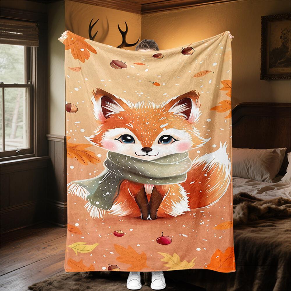 1PC Autumn FoxOutdoor Flannel Blanket - Soft Plush Decor for Picnics, Camping, Bedroom, Playroom, Office, or Lunch Break 1349A