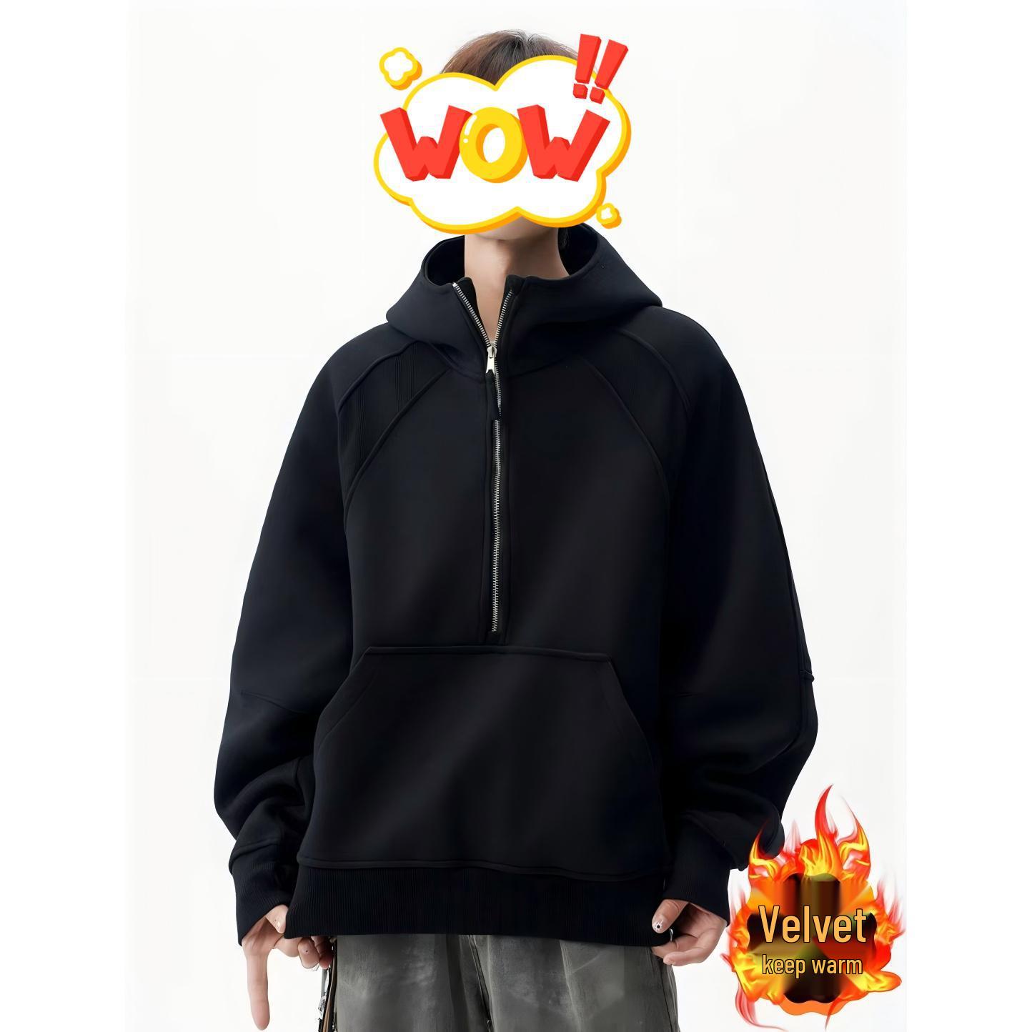 

Men s 2025 Heavyweight Fleece-Lined Hoodie: Autumn/Winter Loose Half-Zip Sweatshirt Jacket 2XL чорний