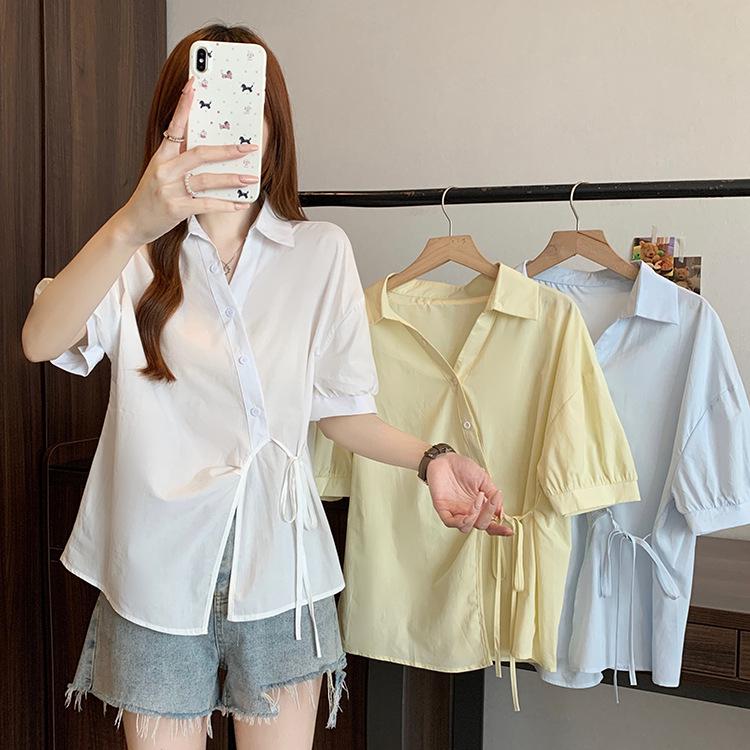 2026 Summer Plus Size Chic Irregular Loose Fit Short Sleeve Side Tie Blouse 3XL белый