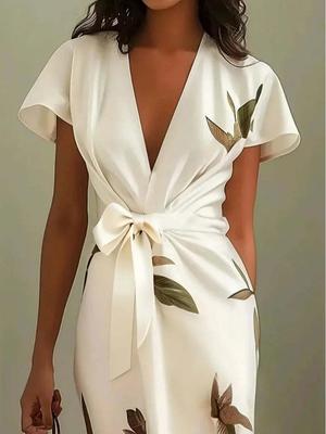 2026 European & American Fashion Satin Print Belted Dress