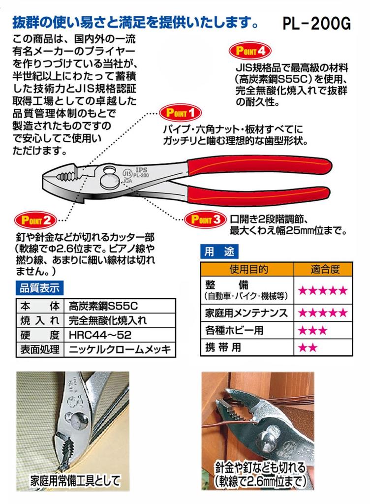IPS (Igarashi Pliers) Combination Pliers with Grip, 200mm, PL-200G, Made In Japan, Tsubame-Sanjo
