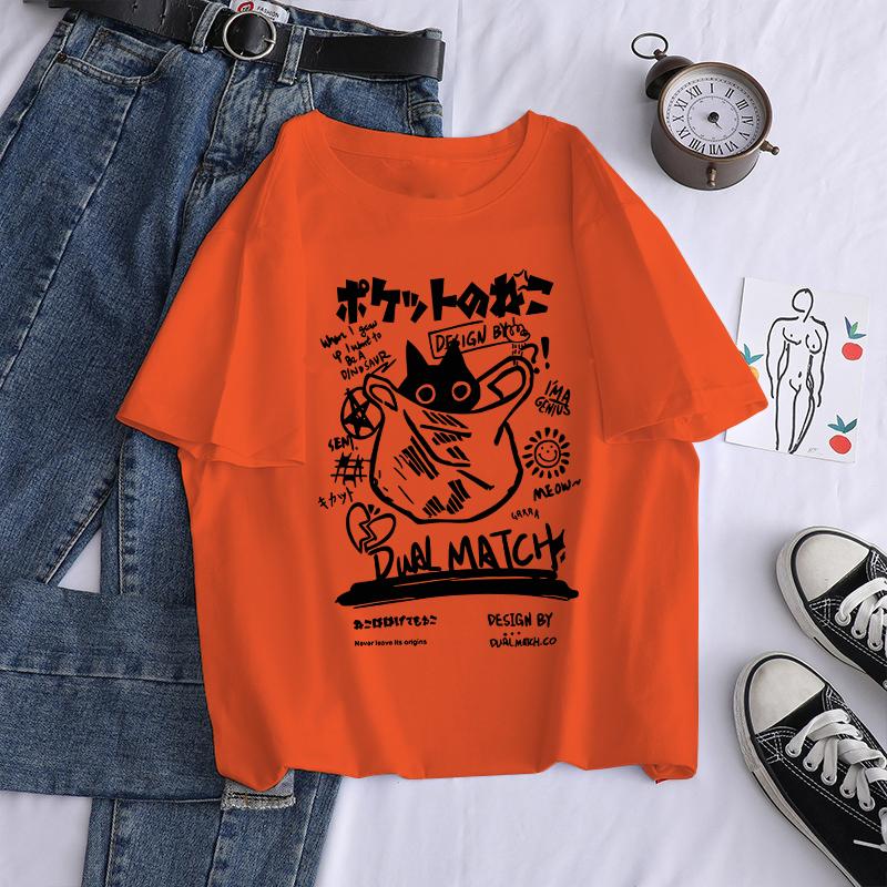 New Men Women Cartoon T-Shirts Harajuku Kawaii Cat Printed Short Sleeve Tees Couple Streetwear Clothes Y2K Tops Graphic T Shirts