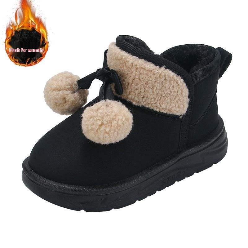 Four Seasons Girls' Velvet Snow Boots with Fur Ball Bows and Non-slip Sole.