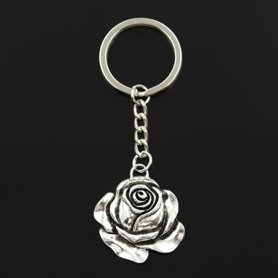 Fashion 30mm Key Ring Metal Key Chain Keychain Jewelry Antique Bronze Silver Color Plated Rose Flower 36x33mm Pendant