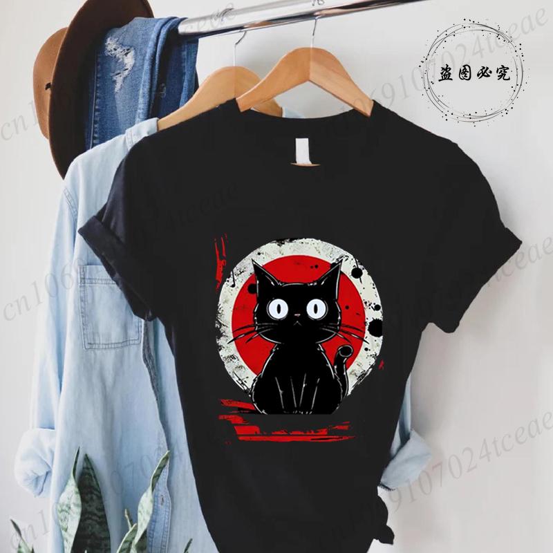 Kawaii Women Tees Cat Japanese Black Anime Cat T Shirt T-Shirt Kawaii Clothes Shirts for Women Tops Graphic T Shirts Camisetas
