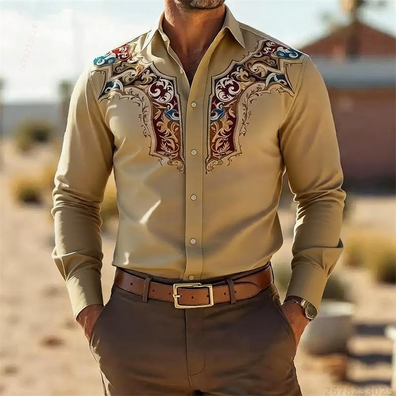 Men's Retro Fashion Printed Long-Sleeve Shirt, Western Cowboy Style, Slim Fit Casual Shirt, Comfortable Fabric, Sizes XS-6XL