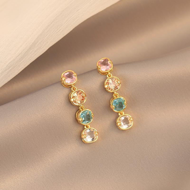 French Light Luxury Colorful Zircon Pendant Earrings Exquisite Able Women'S Earrings Party Jewelry Accessories Gifts