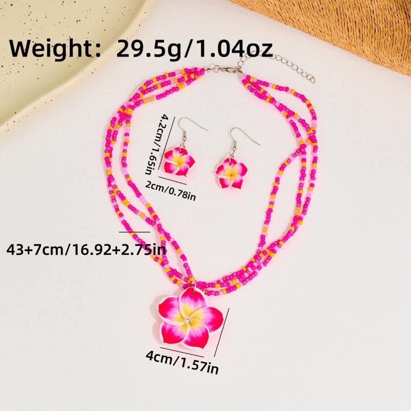 Polymer Clay Flowerwomen Jewelry Set Cute  Seaside Beach Colorful Flower Earrings Girls Sweet Beaded Chain Necklace Girl