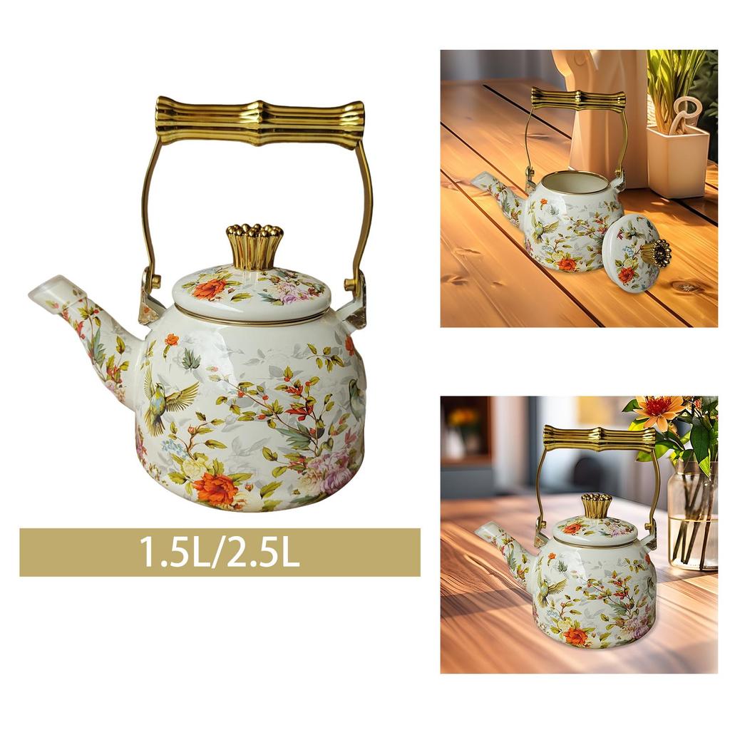 Elegant Enamel Teapot with And Floral Pattern; for Home, Office Cafe