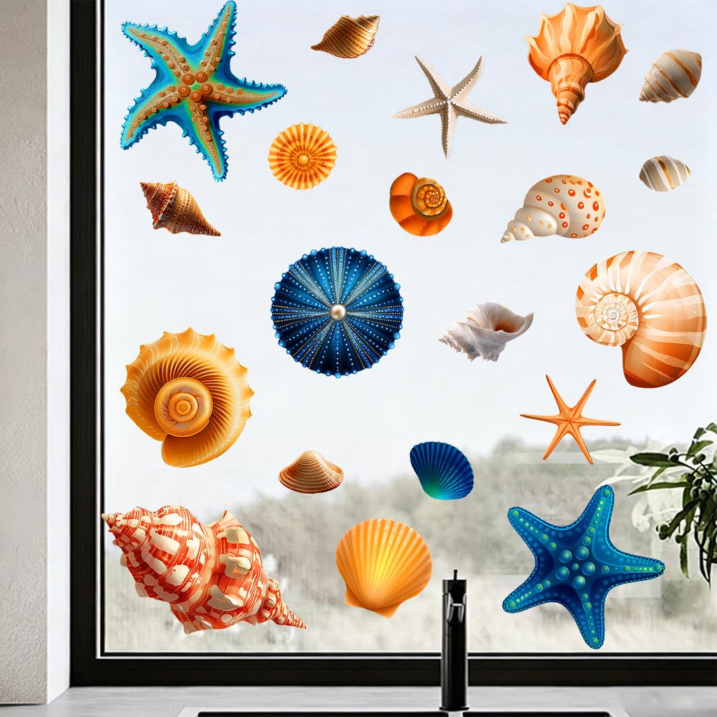 Conchas Estrellas de Mar Pegatina Estática para Ventana Sin Pegamento Autoadhesiva Para Decoración de Vidrio de Dormitorio Baño