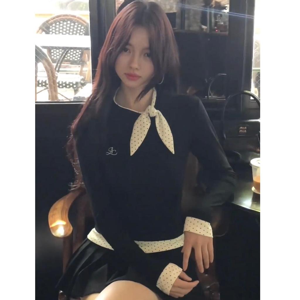 Plush Korean Bow Polka Dot Two-Piece Long Sleeve Women's Slimming Autumn T-shirt