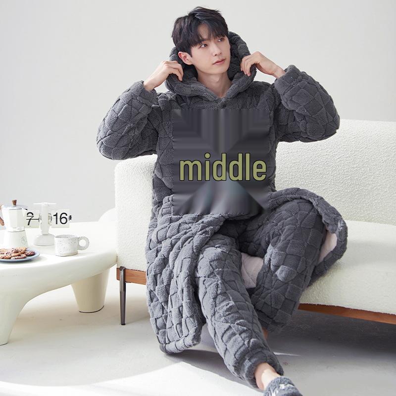 2024 Men's Quilted Winter Hooded Pajama Bathrobe - Warm, Thick Coral Fleece Outerwear