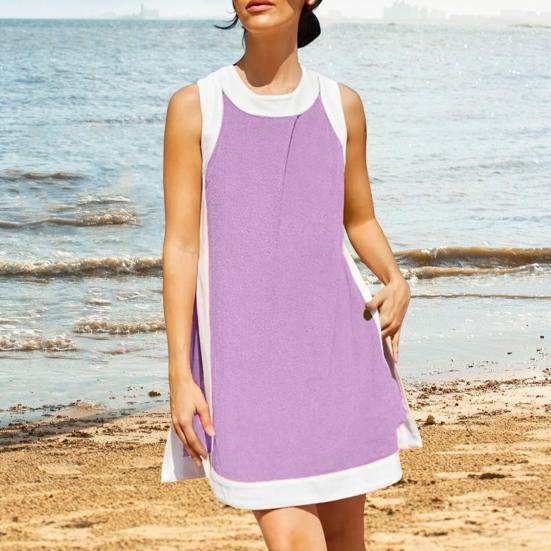 Two Piece Set for Women Summer Boho Color Block Outfits Sleeveless Crewneck Side Slit Mini Dress Casual Lounge Short Sets