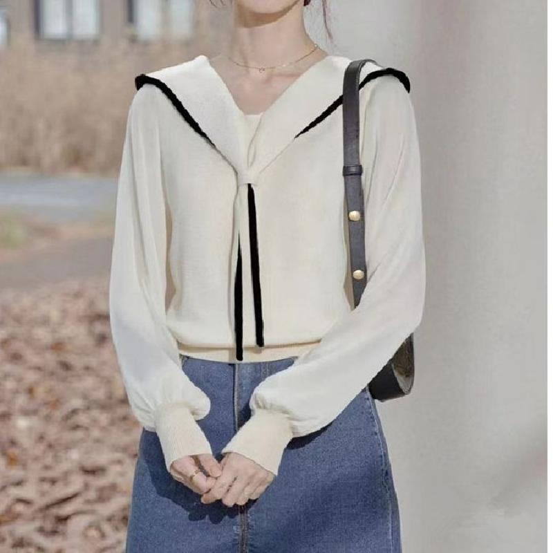 

Polo Collar Fake Two Long-sleeved Knitted Sweaters for Women s Autumn and Winter New Design Sense, Niche Patchwork Shirt Short Top One Size белый