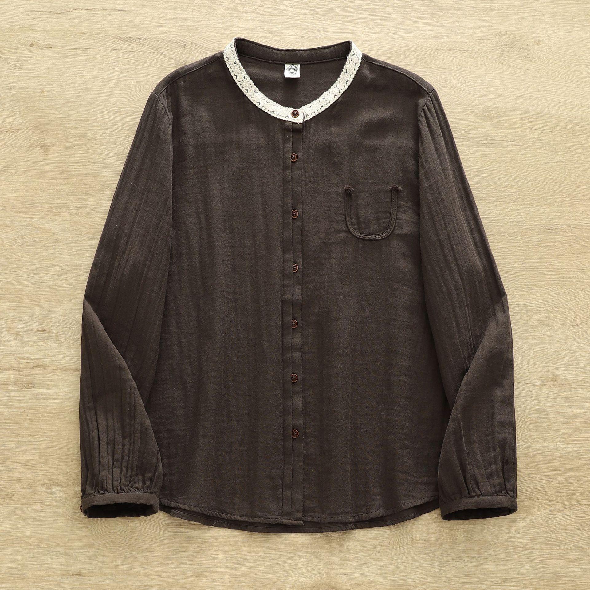 Japanese Style Crochet Round Neck Long Sleeve Cotton Shirt - Women s Double Layer Gauze Large темно-серого