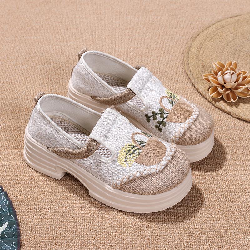 

Женские этнические туфли из ткани на высоком каблуке с вышивкой и толстой подошвой, 2025 40 бежевый