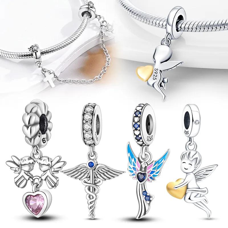 Copper Angel Wings Lucky Bead Charms Pink Heart Charm Bead Charms Angel Pendant Compatible With Authentic Bracelets for Women Do It Yourself Fine Jewe