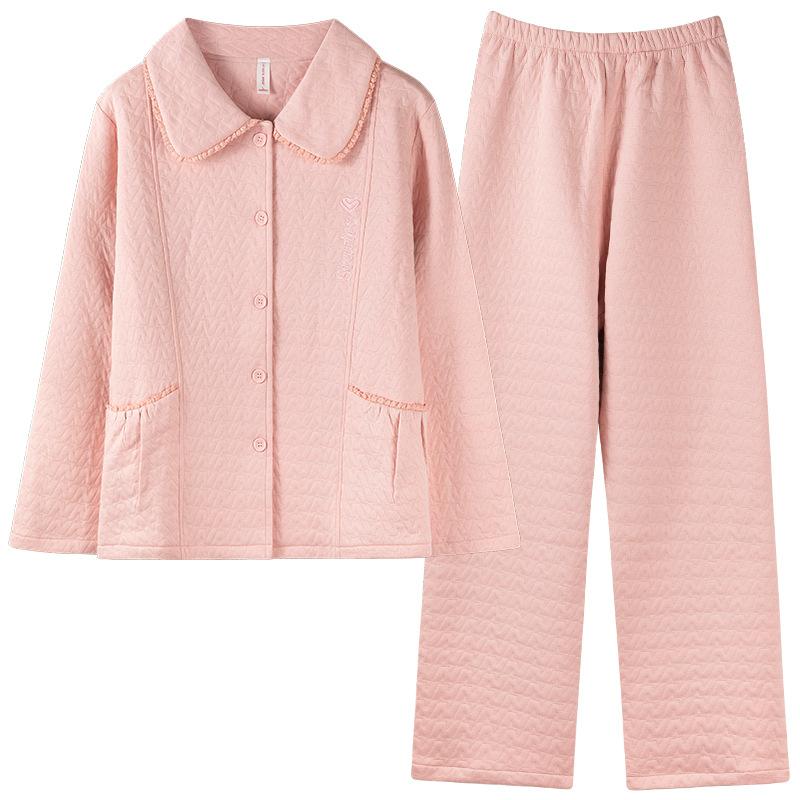 Pajamas Women'S Spring And Autumn Thickened Pure Cotton Long-Sleeved Autumn And Winter Large-Size Air Cotton Sandwich Loungewear Set