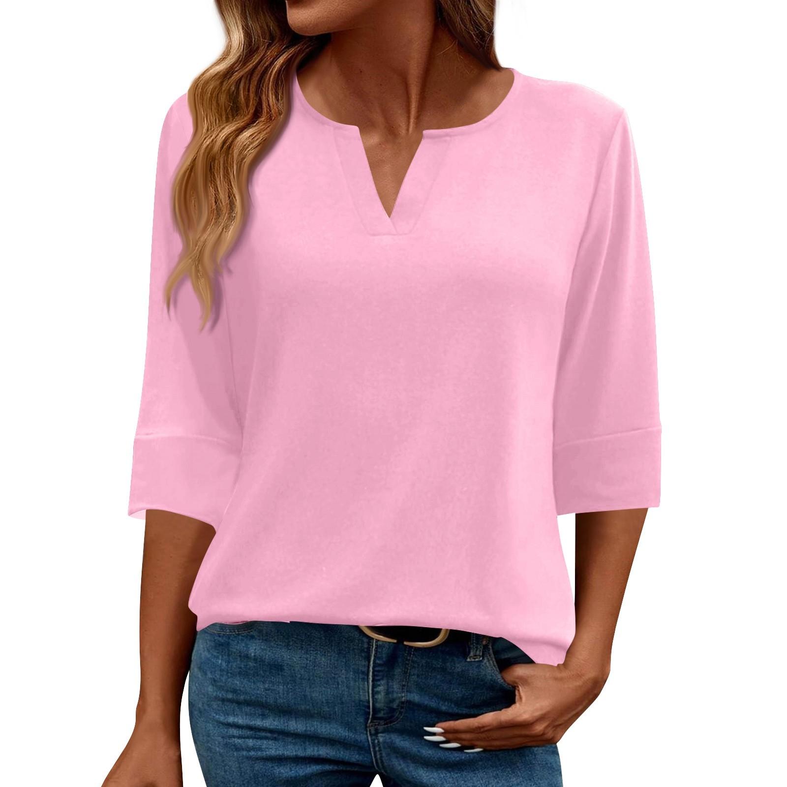 

Женская модная повседневная футболка свободного кроя с V-образным вырезом и рукавом 3/4, однотонная женская футболка XXL розовый